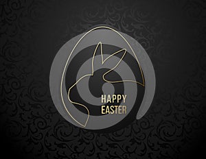 Happy Easter greeting card with golden line egg shape frame, Easter rabbit silhouette. Easter Bunny logo. Black floral pattern