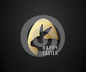 Happy Easter greeting card with golden paper cut egg shape frame, Easter rabbit silhouette. Easter Bunny logo. Black zigzag