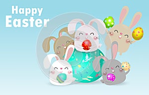 Happy Easter greeting card. group of Little Rabbit holding Easter eggs, Rabbit Bunny Easter banner template isolated Background