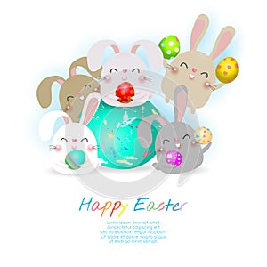 Happy Easter greeting card. group of Little Rabbit holding Easter eggs, Rabbit Bunny Easter banner template isolated Background