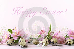 Happy easter! greeting card with lettering, inscription, text. quail eggs with feathers and spring flowers on pink background