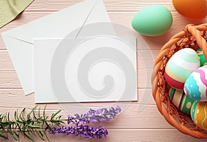 Happy Easter greeting card mockup, blank paper with pastel color eggs, basket, flowers and wooden table. Empty card design