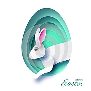Happy Easter Greeting card with paper cut bunny rabbit. Green Egg shape frame. Place for text.
