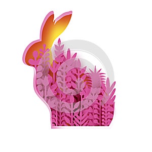 Happy Easter Greeting card with paper cut bunny rabbit, pink spring flowers. Origami yellow Rabbit shape frame. Place