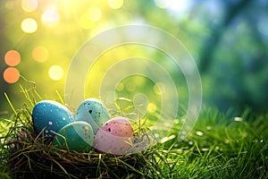 Happy Easter greeting card. Pastel colors Easter eggs in a nest on green grass, outdoors in nature, closeup view.