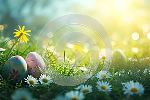 Happy Easter greeting card. Pastel colors Easter eggs in a nest on green grass, outdoors in nature, closeup view.