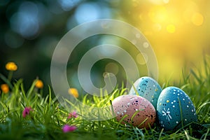 Happy Easter greeting card. Pastel colors Easter eggs in a nest on green grass, outdoors in nature, closeup view.