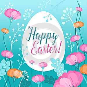 Happy Easter greeting card. Pastel easter egg with floral pattern, vector illustration. Ornament, pattern, pink, orange and green