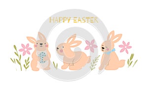 Happy Easter. Greeting card in pastel spring colors. Cute easter Bunny