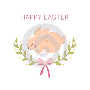 Happy Easter. Greeting card in pastel spring colors. Cute easter Bunny