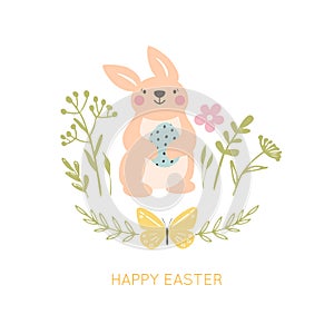 Happy Easter. Greeting card in pastel spring colors. Cute easter Bunny