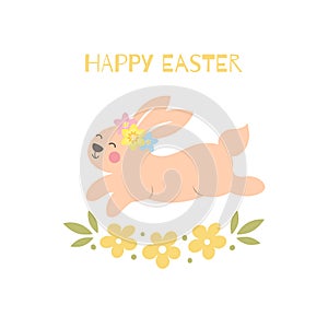 Happy Easter. Greeting card in pastel spring colors. Cute easter Bunny