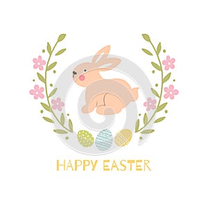 Happy Easter. Greeting card in pastel spring colors. Easter Bunny