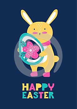 Happy Easter greeting card or poster. A cute baby bunny holds an Easter egg in its paws. Cartoon character funny boy