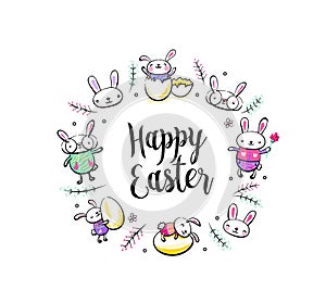Happy Easter greeting card, poster with cute smiling surprise rabbit scene, broken egg, bunny and chick characters