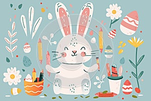 Happy Easter greeting card with rabbit and eggs in pastel colors spring holiday celebration card horizontal