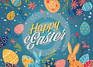 Happy Easter greeting card with rabbits eggs and spring flowers pastel colors holiday celebration card horizontal