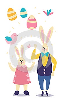 Happy Easter greeting card with rabbits and eggs spring holiday celebration card vertical