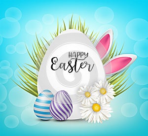 Happy Easter greeting card with realistic 3d aggs, flowers, grass, and bunny ears on blue background