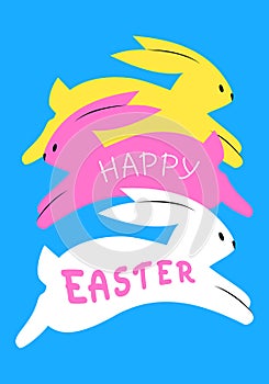 Happy Easter greeting card with running rabbits on blue background. Bright modern vector illustration