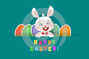 Happy Easter Greeting Card with Smiling Bunny, Coloring Eggs and Spring Grass. Cartoon Character for Easter Holiday