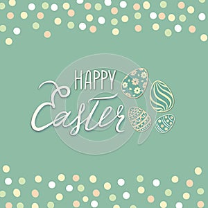 Happy Easter greeting card. Spring holiday bakground with rabbit bunny and handwritten lettering HAPPY EASTER over line drawn