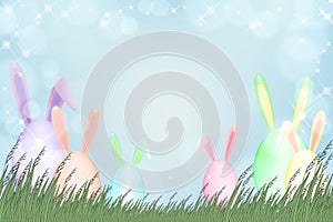 Happy Easter greeting card with Spring nature,Easter bunny egg hunt in green field.Vector Spring background with abstract blurry