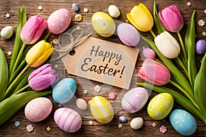 Happy Easter Greeting Card Surrounded By Colorful Eggs And Spring Tulips On Wooden Background
