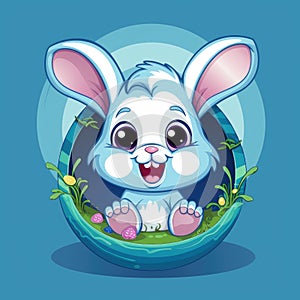 Happy Easter greeting card template. Cartoon cute rabbit sitting inside a broken egg. A Bunny with big ears Ai, Ai Generated