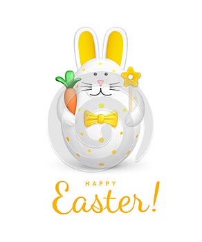 Happy Easter greeting card with text. Bunny shaped Easter Egg. Easter decoration - figurine of a white rabbit with a yellow bow