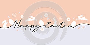 Happy Easter greeting card. Trendy Easter design with typography, eggs and bunnys in pastel colors.
