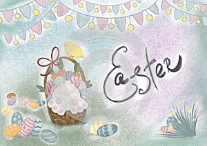 Happy Easter greeting card. Trendy easter design with typography, hand drawn strokes and dots, eggs and bunny in pastel