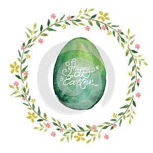 Happy Easter greeting card. Watercolor wreath with spring flowers, green Easter egg and lettering.