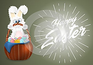 Happy Easter greeting card with white fluffy bunny with wicker basket with decorated and painted easter eggs.
