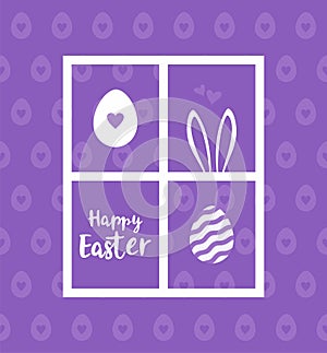 Happy Easter greeting card. White text, eggs and bunny ears in the window on a purple background