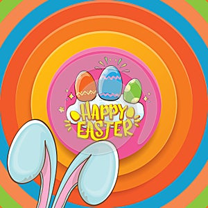Happy easter greeting card wtih bunny, calligraphic text, clouds , rainbow and color easter eggs. vector easter kids