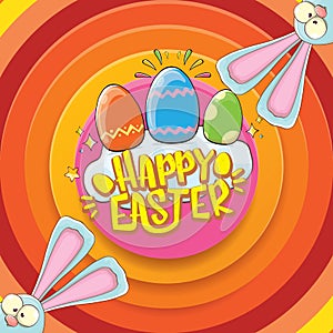 Happy easter greeting card wtih bunny, calligraphic text, clouds , rainbow and color easter eggs. vector easter kids