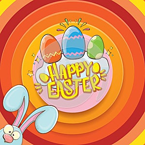 Happy easter greeting card wtih bunny, calligraphic text, clouds , rainbow and color easter eggs. vector easter kids