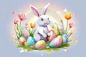 Happy Easter greeting cards with Easter eggs and floral decorative elements, 3d render modern illuatration