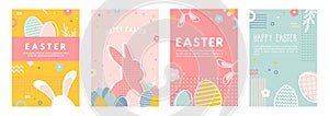 Happy Easter. Greeting cards or posters with bunny, spring flowers and Easter egg. Egg hunt poster template. Spring