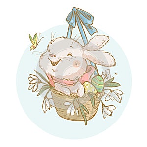 Happy Easter greeting concept with adorable little bunny sitting in basket full of easter eggs and flowers isolated.