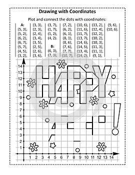 `Happy Easter!` greeting coordinate graphing, or drawing by coordinates, math worksheet: Reveal the mystery picture by plotting an