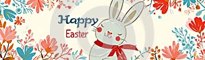 Happy Easter greeting message. Bunny with a red neck scarf surrounded by colorful spring flowers.