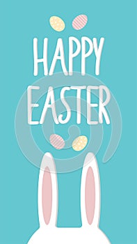 Happy Easter greeting postcard with rabbit ears and color eggs on blue background. Vector stock illustration.