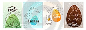 Happy easter greeting poster set background. Line style bunny with egg and greeting text sign in simple whimsical