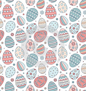 Happy Easter greeting seamless pattern with decorated painted Easter eggs