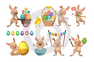 Happy Easter Greeting Set. Bunny and Chicks. Vector illustration