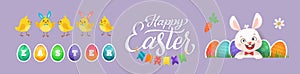 Happy Easter Greeting Set. Bunny and Chicks. Vector illustration