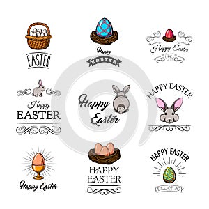 Happy Easter Greeting Set. Flat Design Vector Illustration. Spring Holiday Posters.