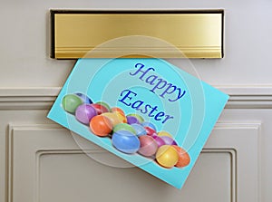 Happy Easter Greetings Card - Eggs on blue background